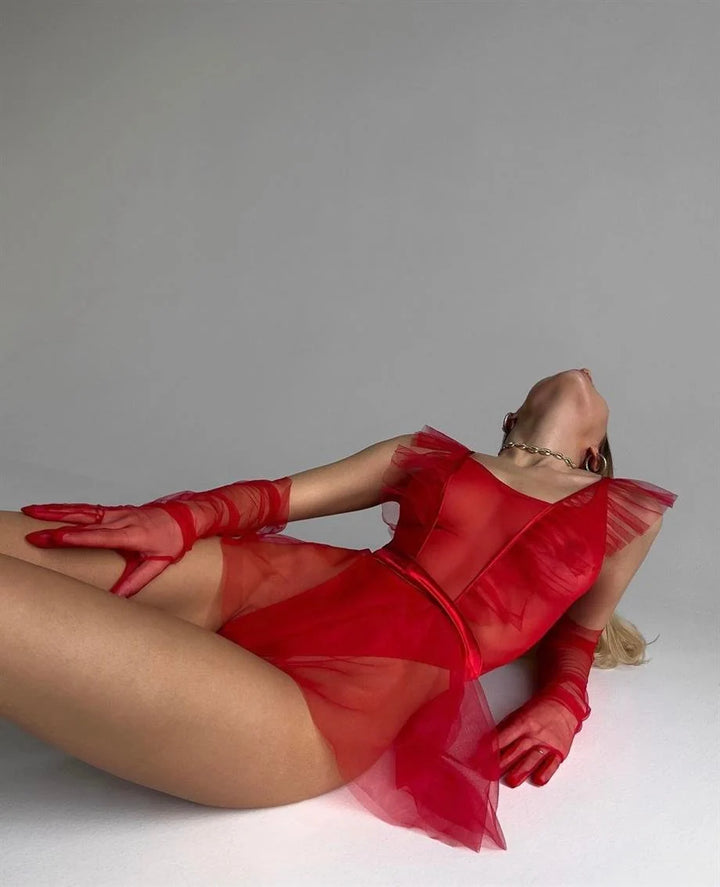 Red Sheer Tulle Teddy Lingerie with Ruffled Wings