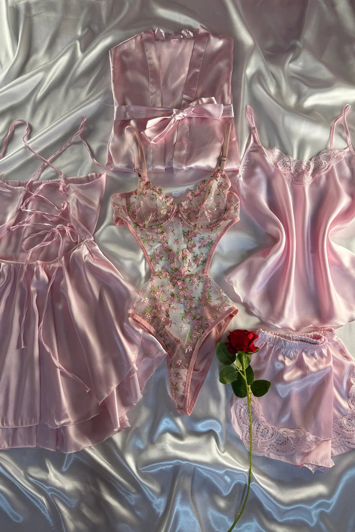 Floral Satin 6-Piece Bodysuit Set