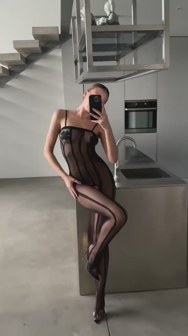 Black Sheer Mesh Striped Bodysuit Lingerie